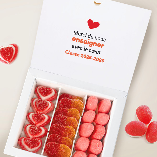 Boîte de Bonbons Cœurs avec Petits Personnages, Prénoms et Texte personnalisée