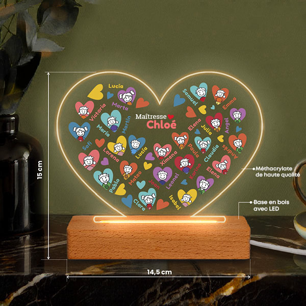 Lampe Cœurs Petits Personnages avec Prénoms et Texte personnalisée