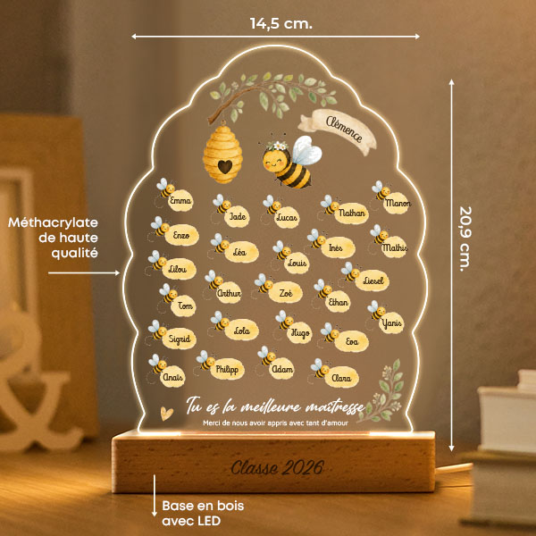 Lampe pour Maîtresse avec Petites Abeilles et Prénoms personnalisés