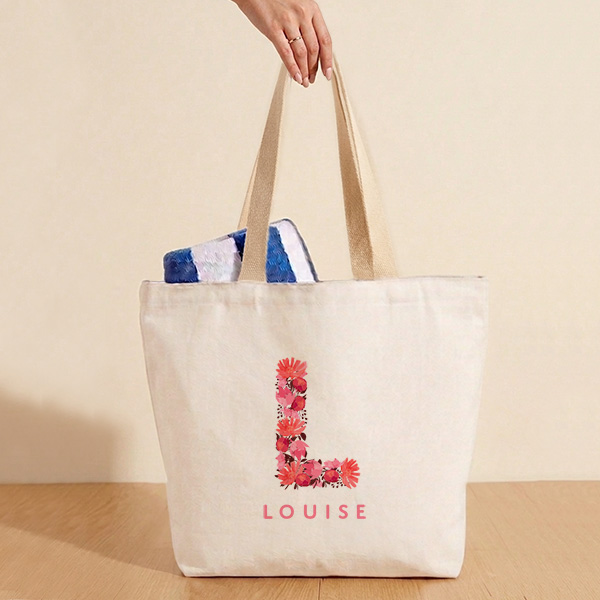 Tote Bag Initiale Fleurie avec Prénom Personnalisé