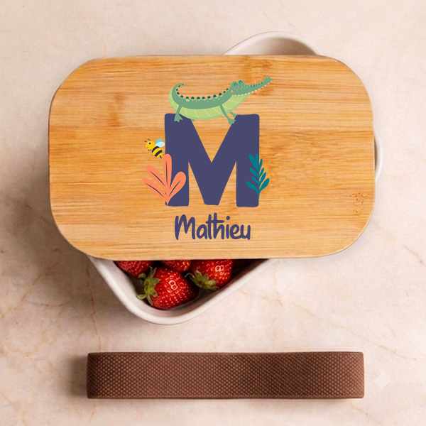 Boîte Repas Enfant avec Couvercle en Bois et Initiale Personnalisée