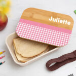 Vignette de Boîte à Repas Enfant Carreaux personnalisée avec Couvercle en Bambou