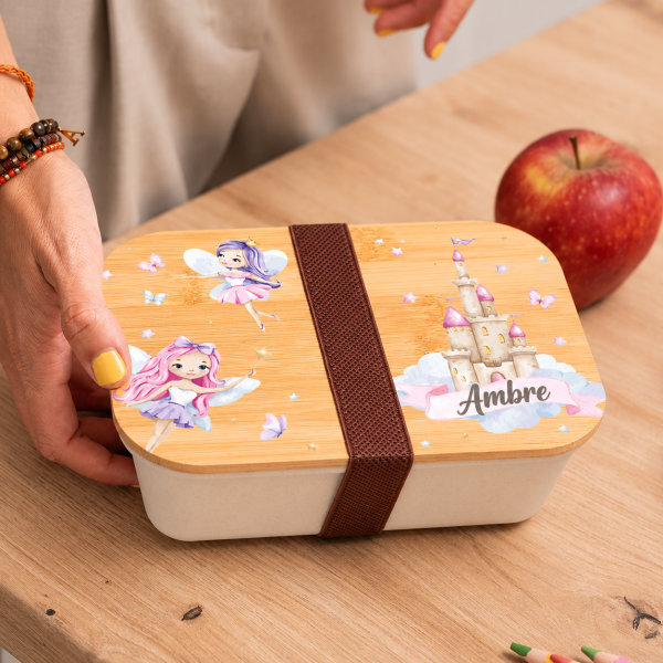 Boîte à Repas Enfant Fées personnalisée avec Couvercle en Bambou