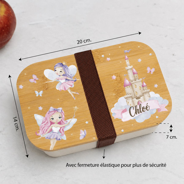 Boîte à Repas Enfant Fées personnalisée avec Couvercle en Bambou