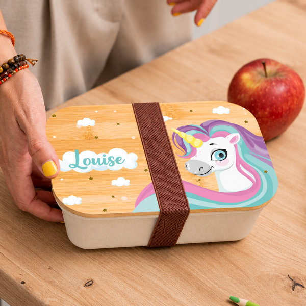 Boîte à Repas Enfant Licornes personnalisée avec Couvercle en Bambou