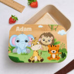 Vignette de Boîte à Repas Enfant Animaux de la Jungle personnalisée avec Couvercle en Bambou