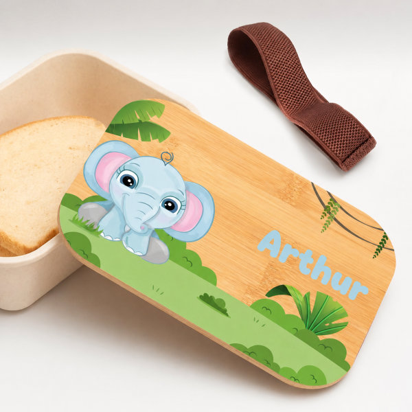 Boîte à Repas Enfant Animaux de la Jungle personnalisée avec Couvercle en Bambou