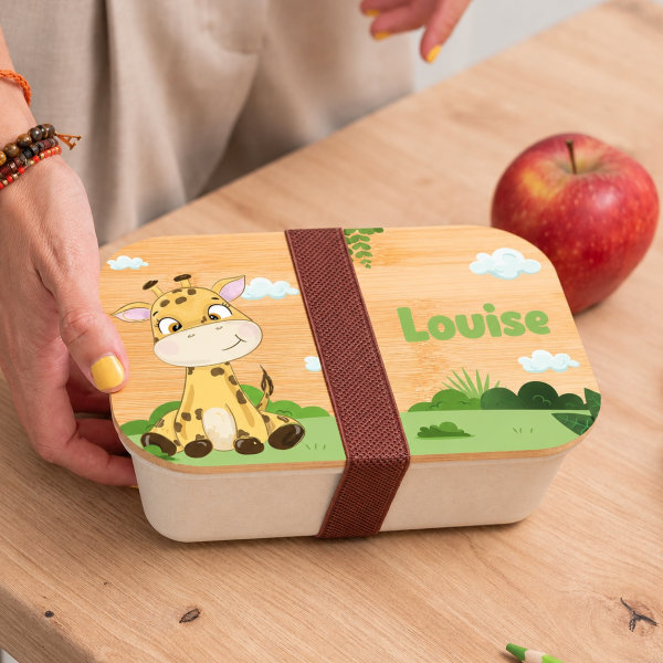 Boîte à Repas Enfant Animaux de la Jungle personnalisée avec Couvercle en Bambou