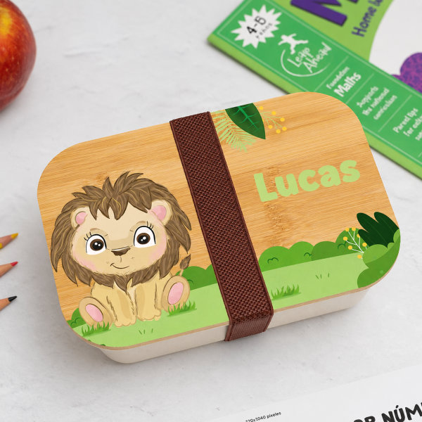 Boîte à Repas Enfant Animaux de la Jungle personnalisée avec Couvercle en Bambou