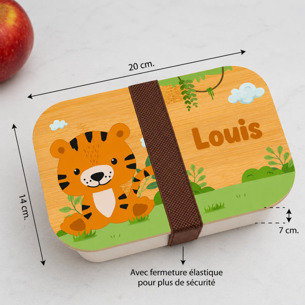Boîte à Repas Enfant Animaux de la Jungle personnalisée avec Couvercle en Bambou