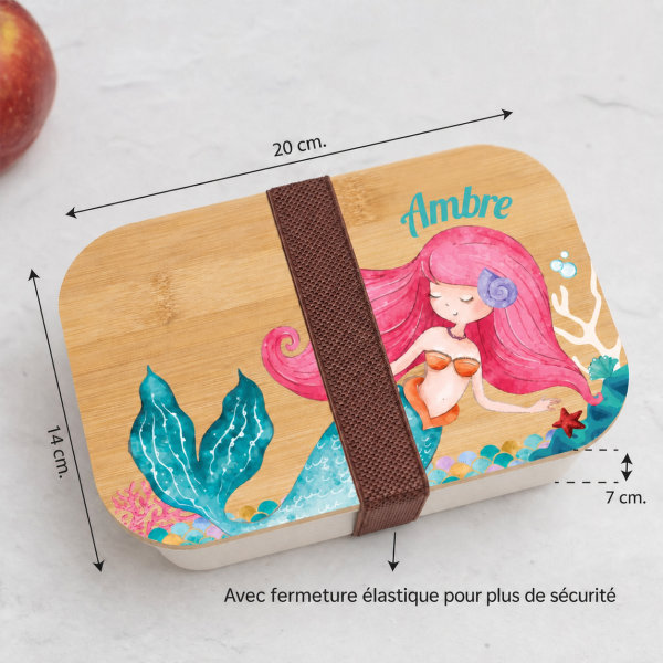 Boîte à Repas Enfant Petite Sirène personnalisée avec Couvercle en Bambou