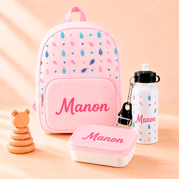 Pack Scolaire Enfant Rose avec Feuilles et Prénom personnalisé