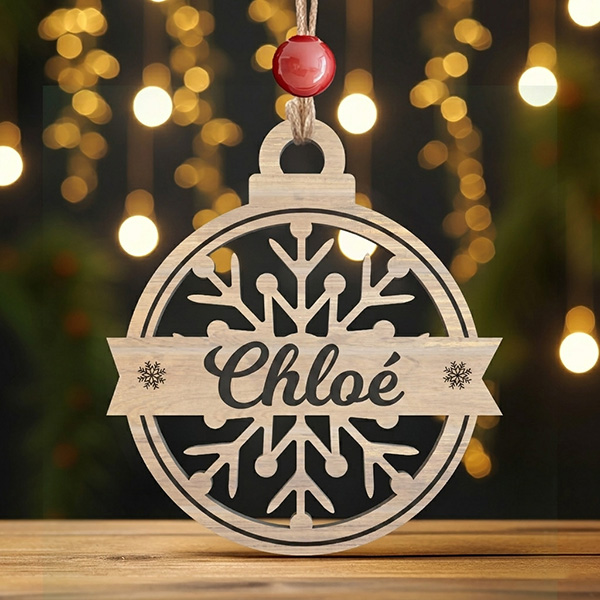 Pack de décorations pour sapin de Noël Flocons en bois avec prénom personnalisées