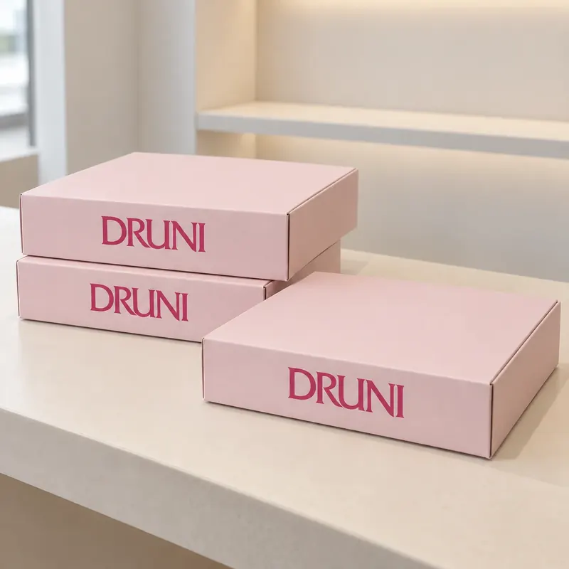 Scatole rosa personalizzate con il marchio Druni