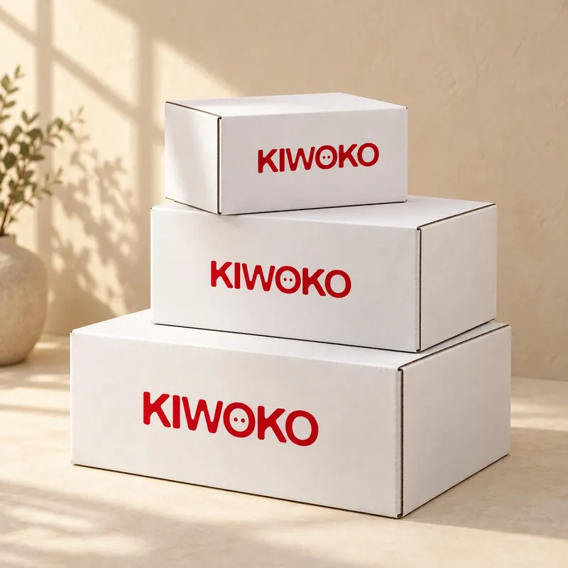 Scatole bianche di varie dimensioni con il marchio Kiwoko