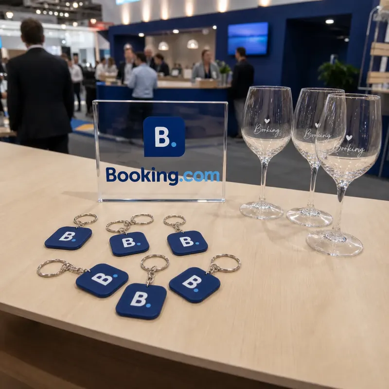Targa, calici e portachiavi personalizzati con il marchio Booking.com a un evento