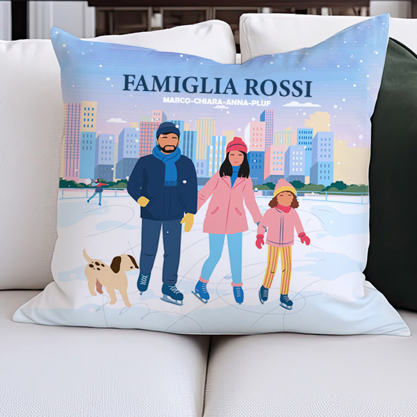 Cuscino Famiglia sui Pattini con Nomi e Testo personalizzato