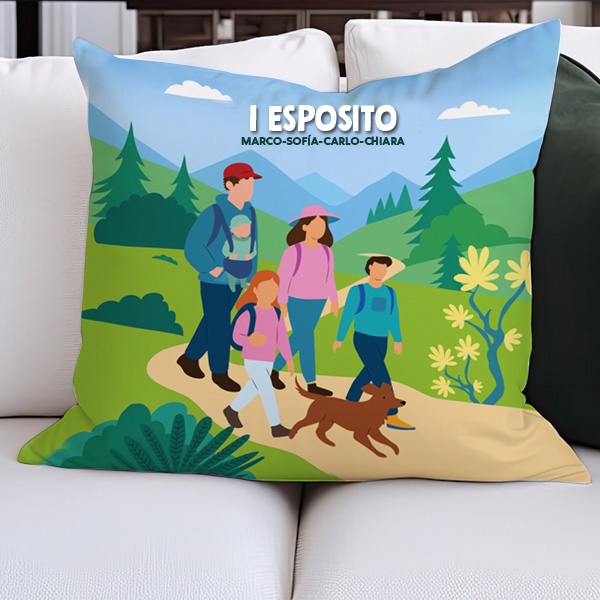 Cuscino Famiglia in Montagna con Nomi e Testo personalizzato