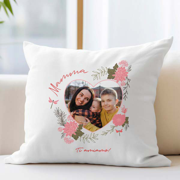 Cuscino Cuore Floreale con Foto e Testo personalizzato
