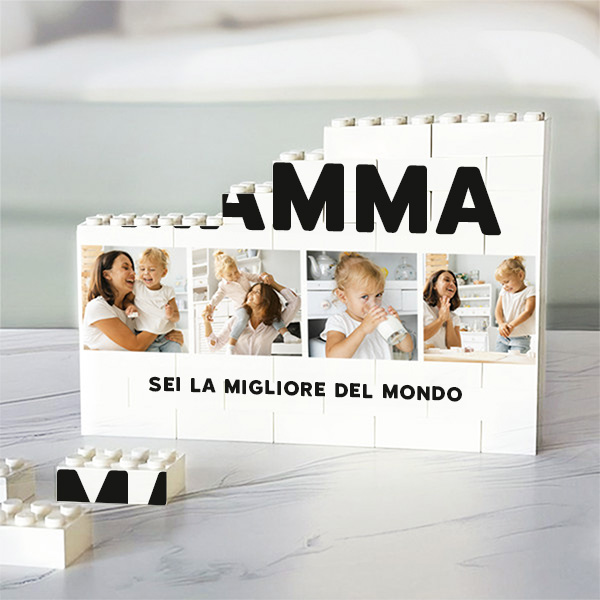 Puzzle di Blocchi Mamma con Quattro Foto e Testo personalizzato