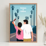 Poster con illustrazione di coppia con palme personalizzato con nomi Miniatura di Poster con illustrazione di coppia con palme personalizzato con nomi