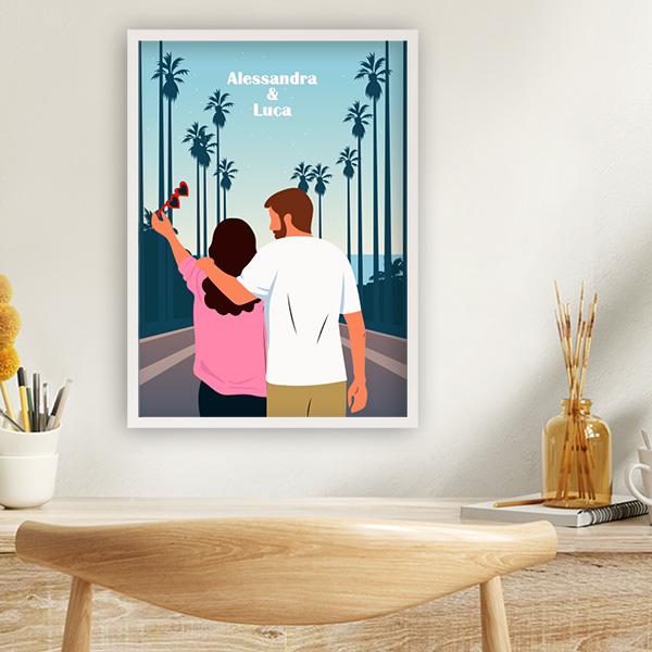 Poster con illustrazione di coppia con palme personalizzato con nomi