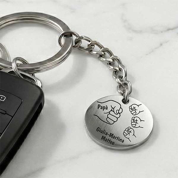 Portachiavi Rotondo Papà con Design di Pugni e Nomi personalizzati