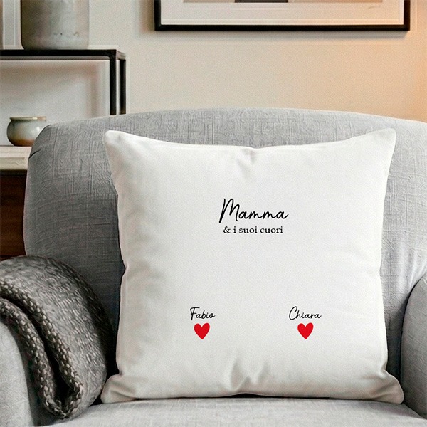 Cuscino per la Mamma con Cuori, Nomi e Testo personalizzati