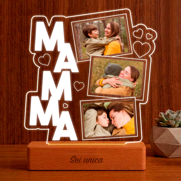 Lampada per la Mamma con Cuori e Tre Foto personalizzate