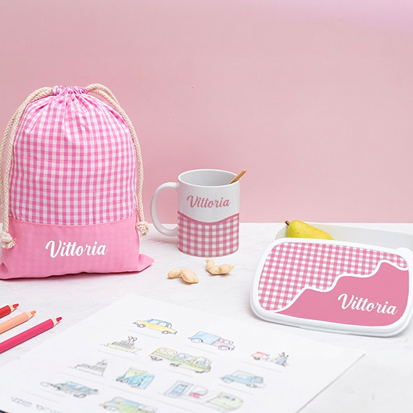 Sacchetto Porta Merenda per Bambini Quadretti Rosa Personalizzato