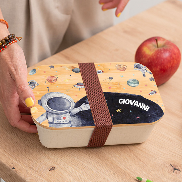 Portapranzo per Bambini con Coperchio in Legno Astronauta nello Spazio Personalizzato