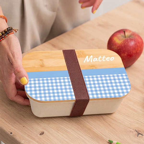 Portapranzo per Bambini con Coperchio in Legno Quadretti Personalizzato