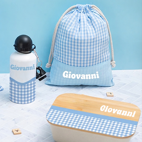 Portapranzo per Bambini con Coperchio in Legno Quadretti Personalizzato