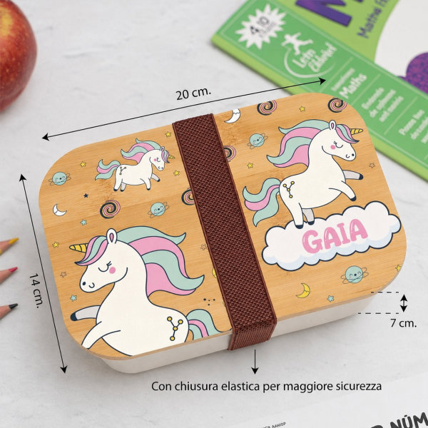 Portapranzo per Bambini con Coperchio in Legno Unicorni Colorati Personalizzato