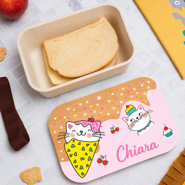 Portapranzo per Bambini con Coperchio in Legno Gattini Personalizzato