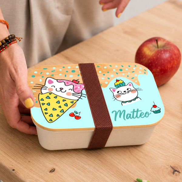 Portapranzo per Bambini con Coperchio in Legno Gattini Personalizzato