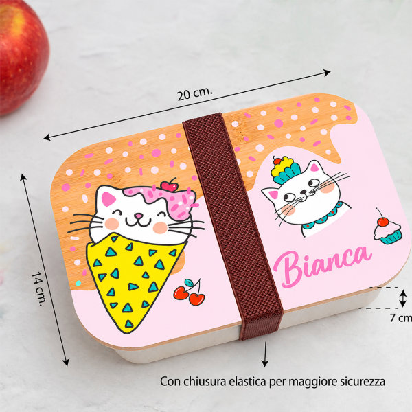 Portapranzo per Bambini con Coperchio in Legno Gattini Personalizzato