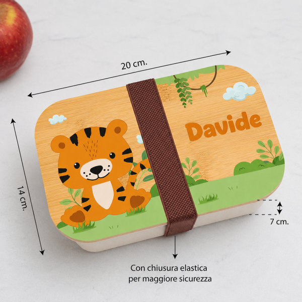 Portapranzo per Bambini con Coperchio in Legno Animali della Giungla Personalizzato