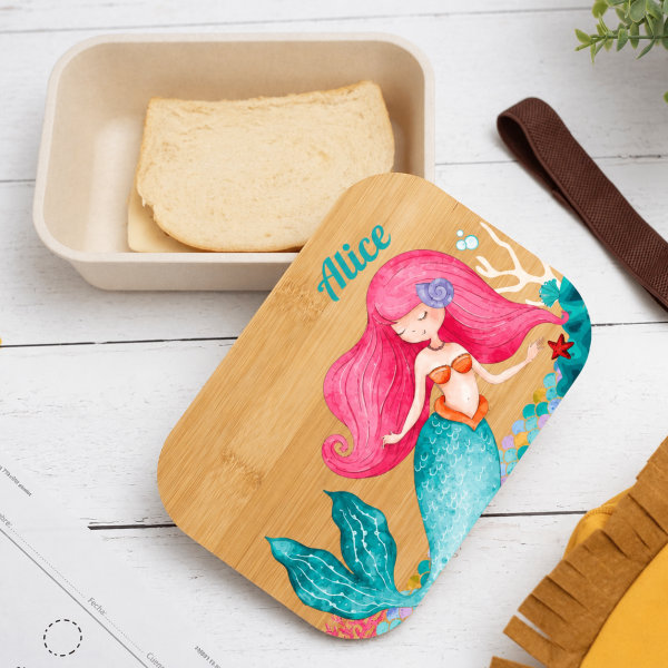 Portapranzo per Bambini con Coperchio in Legno Sirenetta Personalizzato