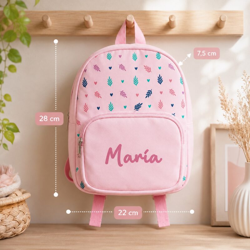 Zainetto per Bambini Rosa con Foglie e Nome personalizzato