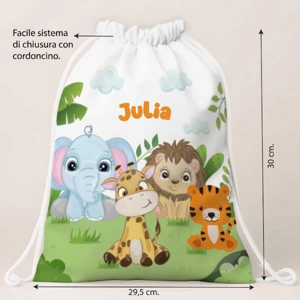 Zaino a Sacca per Bambini con Animali della Giungla personalizzato