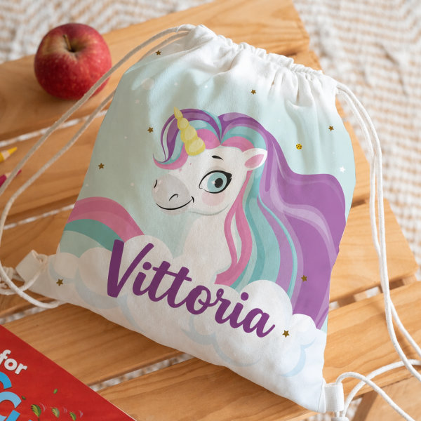 Zaino a Sacca per Bambini con Unicorni Colorati personalizzato