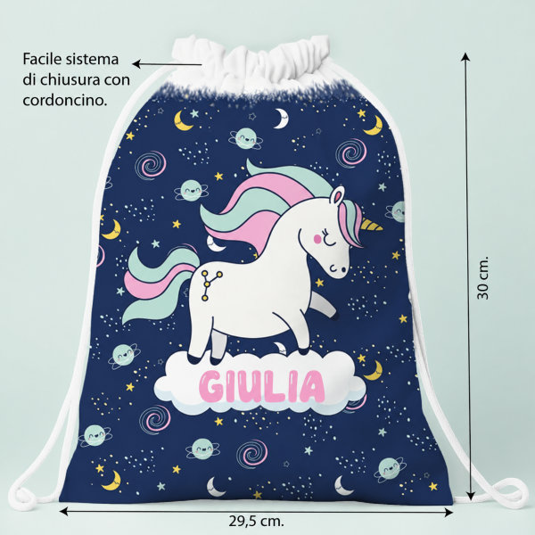 Zaino a Sacca per Bambini con Unicorni Colorati personalizzato