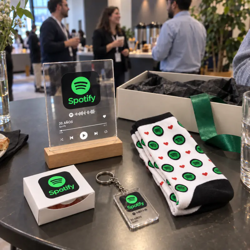 Placa, porta-chaves, meias e caixa personalizados com a marca Spotify num evento de empresa
