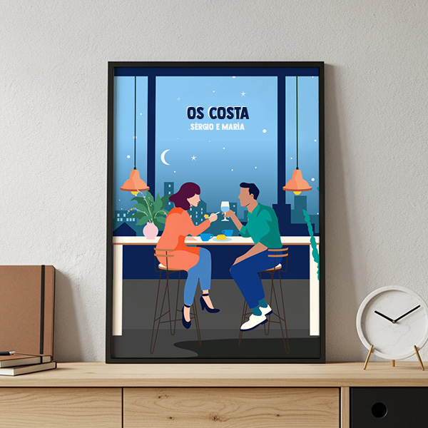 Póster Ilustração de Casal com Nomes e Texto personalizado