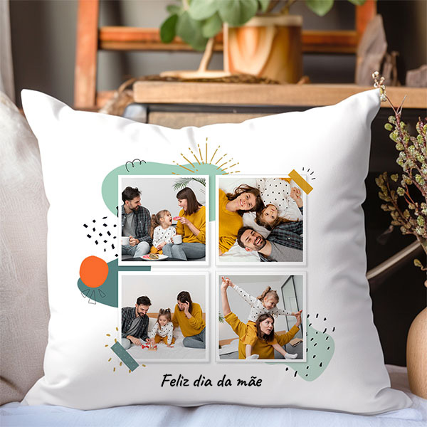 Almofada Polaroid com Quatro Fotografias e Texto Personalizado