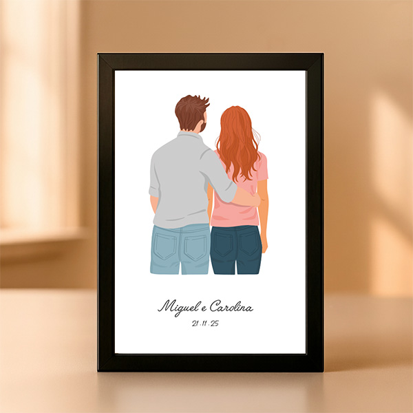Placa ou Candeeiro com Ilustração de Casal de Costas com Nomes e Data Personalizados