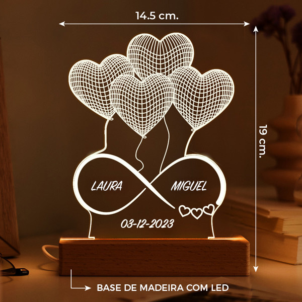 Candeeiro Infinito Corações com Nomes e Data personalizada