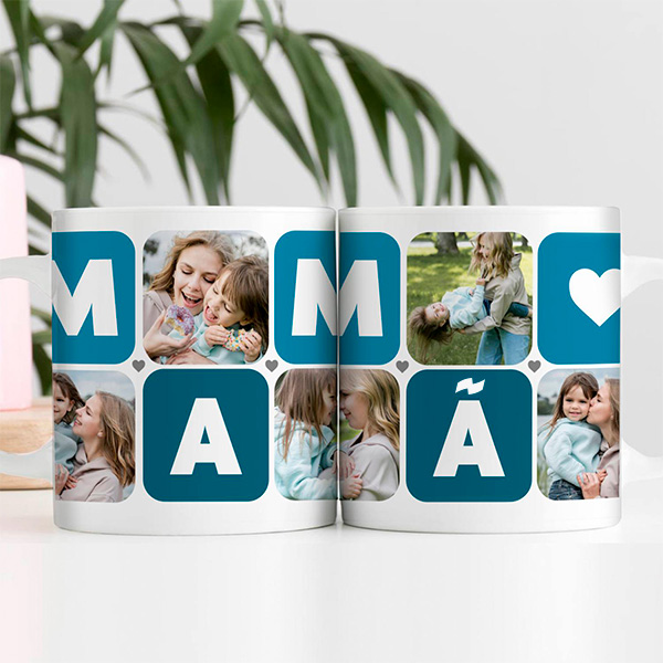 Caneca Mamã Cubos Coração com Cinco Fotos personalizada