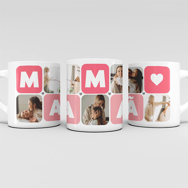 Caneca Mamã Cubos Coração com Cinco Fotos personalizada